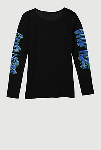 Girls Good Vibes Teddy Graphic Long Sleeve Crew Neck Tee, 7-8
