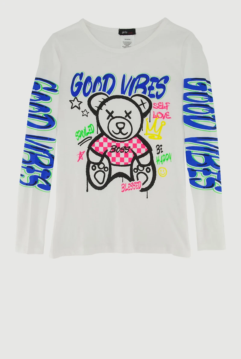 Girls Good Vibes Teddy Graphic Long Sleeve Crew Neck Tee