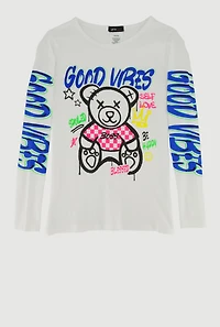 Girls Good Vibes Teddy Graphic Long Sleeve Crew Neck Tee