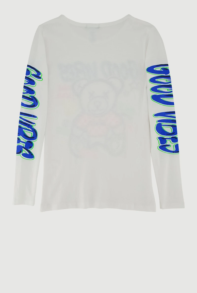 Girls Good Vibes Teddy Graphic Long Sleeve Crew Neck Tee