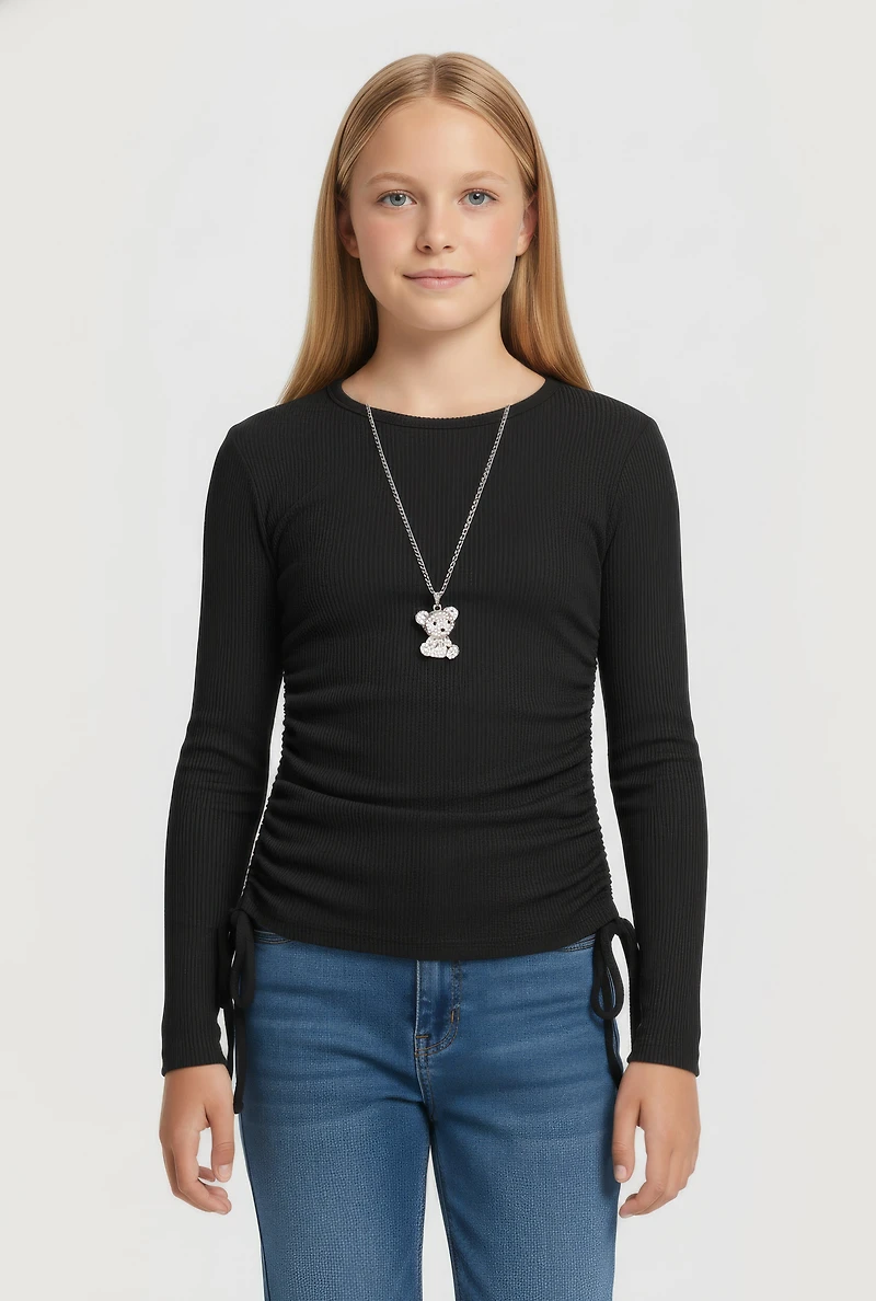 Girls Removable Rhinestone Bear Necklace Ribbed Knit Tee