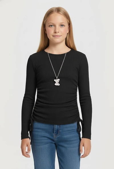 Girls Removable Rhinestone Bear Necklace Ribbed Knit Tee