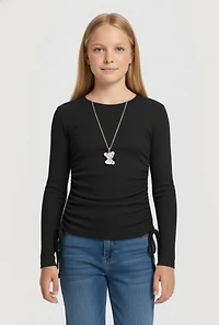 Girls Removable Rhinestone Bear Necklace Ribbed Knit Tee