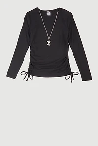 Girls Removable Rhinestone Bear Necklace Ribbed Knit Tee