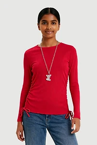 Girls Removable Rhinestone Bear Necklace Ribbed Knit Tee