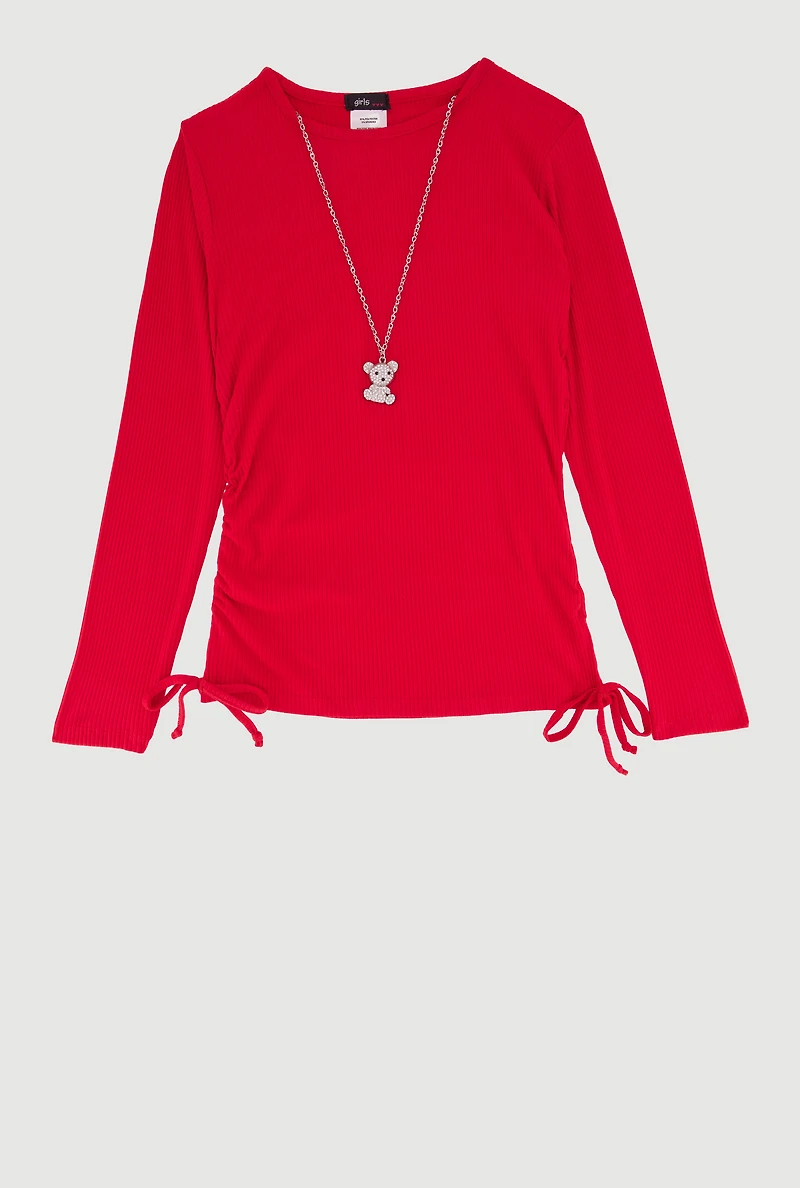 Girls Removable Rhinestone Bear Necklace Ribbed Knit Tee