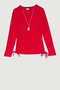 Girls Removable Rhinestone Bear Necklace Ribbed Knit Tee