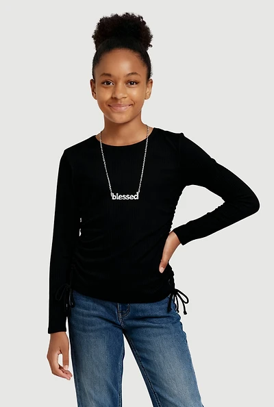 Girls Removable Blessed Rhinestone Necklace Ribbed Knit Tee, Black, Size 10-12