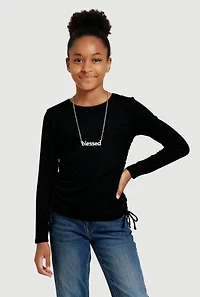 Girls Removable Blessed Rhinestone Necklace Ribbed Knit Tee