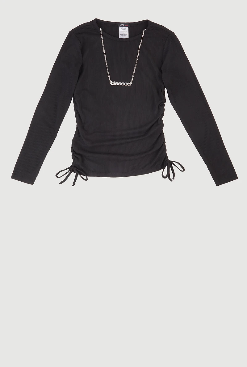 Girls Removable Blessed Rhinestone Necklace Ribbed Knit Tee