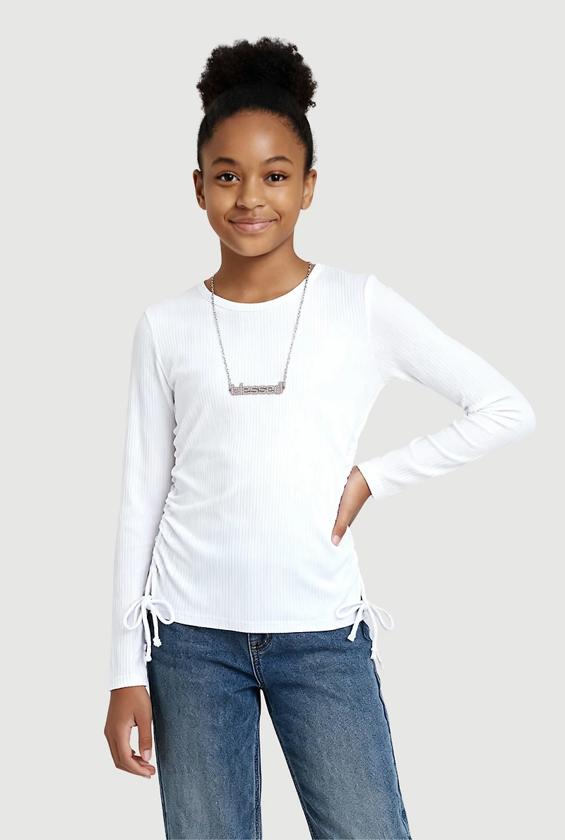 Girls Removable Blessed Rhinestone Necklace Ribbed Knit Tee