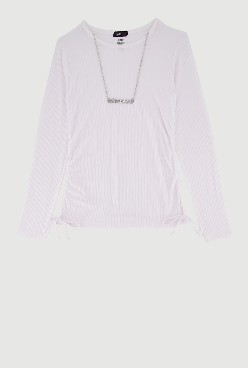 Girls Removable Blessed Rhinestone Necklace Ribbed Knit Tee