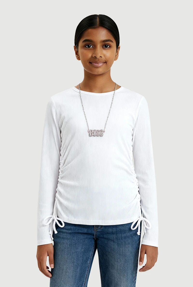 Girls Side Ruched Ribbed Knit Tee with Removable Necklace, White, Size 7-8