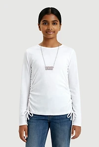 Girls Side Ruched Ribbed Knit Tee with Removable Necklace, White, Size 7-8