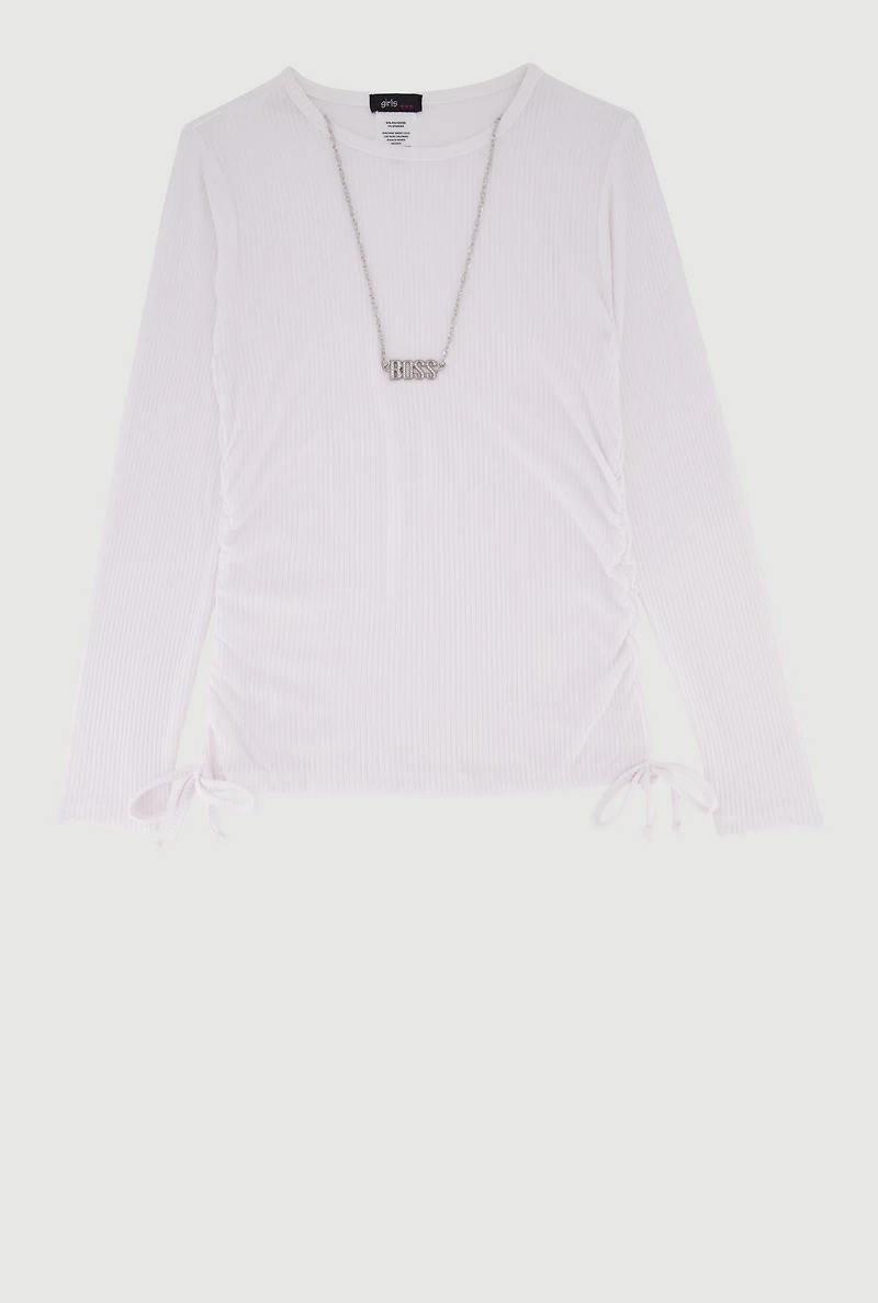 Girls Side Ruched Ribbed Knit Tee with Removable Necklace