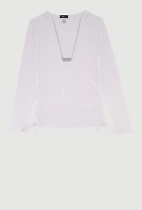 Girls Side Ruched Ribbed Knit Tee with Removable Necklace