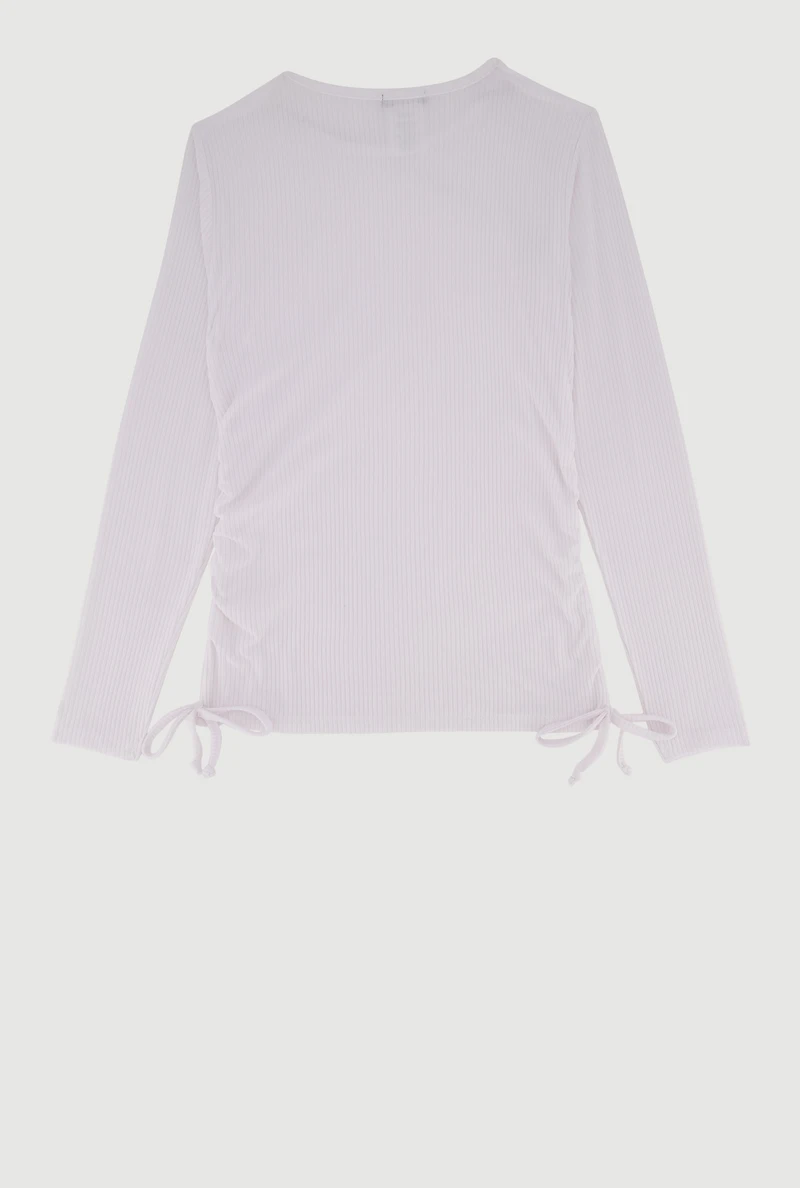 Girls Side Ruched Ribbed Knit Tee with Removable Necklace, White, Size 7-8