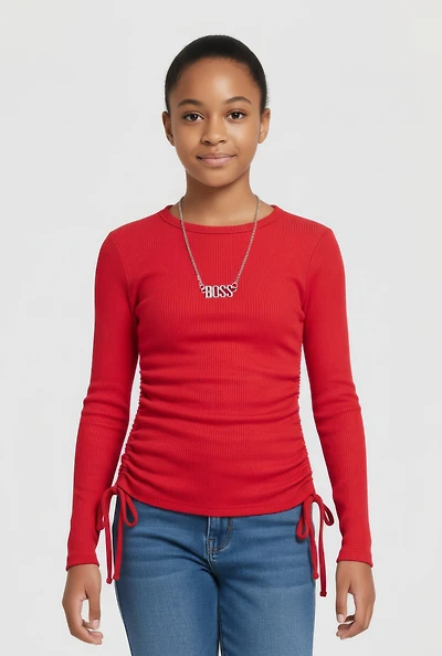 Girls Side Ruched Ribbed Knit Tee with Removable Necklace