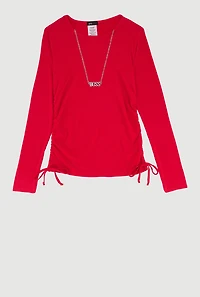 Girls Side Ruched Ribbed Knit Tee with Removable Necklace