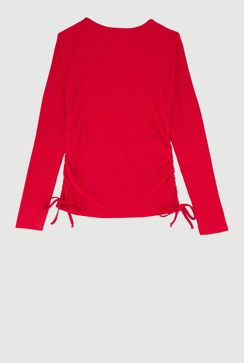 Girls Side Ruched Ribbed Knit Tee with Removable Necklace