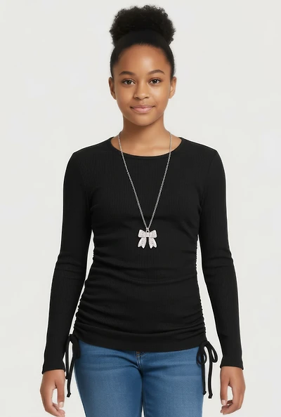 Girls Removable Rhinestone Bow Necklace Ribbed Knit Tee, Black, Size 10-12