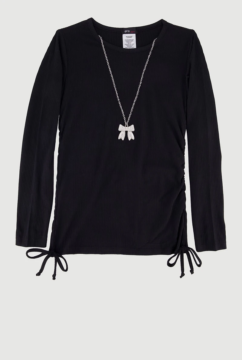 Girls Removable Rhinestone Bow Necklace Ribbed Knit Tee, Black,