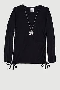 Girls Removable Rhinestone Bow Necklace Ribbed Knit Tee