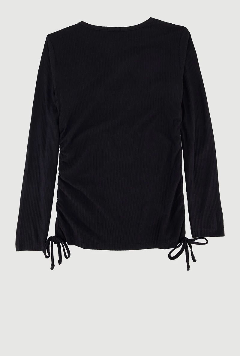 Girls Removable Rhinestone Bow Necklace Ribbed Knit Tee, Black,