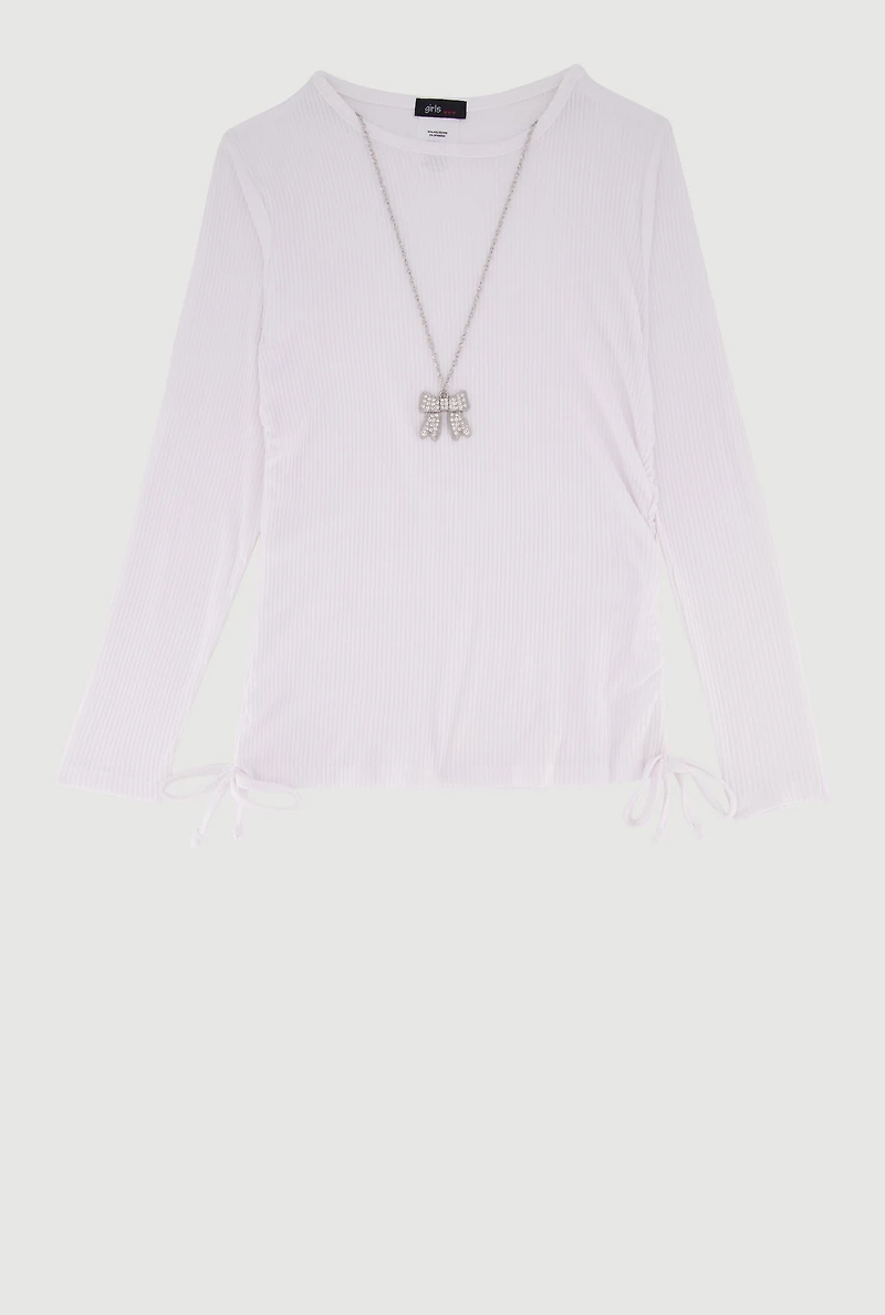 Girls Removable Rhinestone Bow Necklace Ribbed Knit Tee