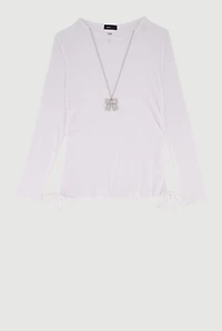 Girls Removable Rhinestone Bow Necklace Ribbed Knit Tee