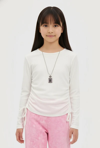 Girls Ribbed Knit Long Sleeve Top with Perfume Necklace, White, Size 14-16
