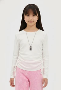 Girls Ribbed Knit Long Sleeve Top with Perfume Necklace, White, Size 14-16