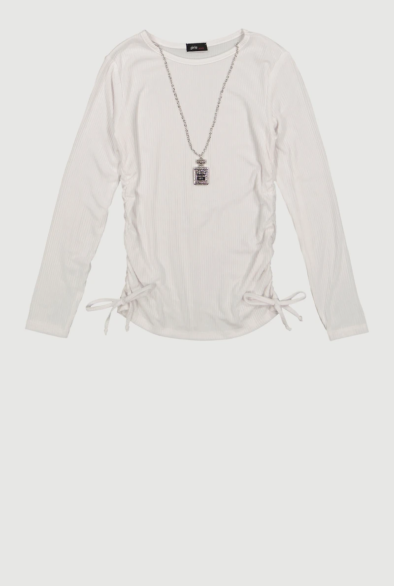 Girls Ribbed Knit Long Sleeve Top with Perfume Necklace