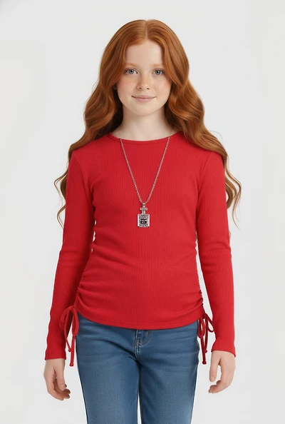 Girls Ribbed Knit Long Sleeve Top with Perfume Necklace