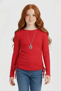 Girls Ribbed Knit Long Sleeve Top with Perfume Necklace