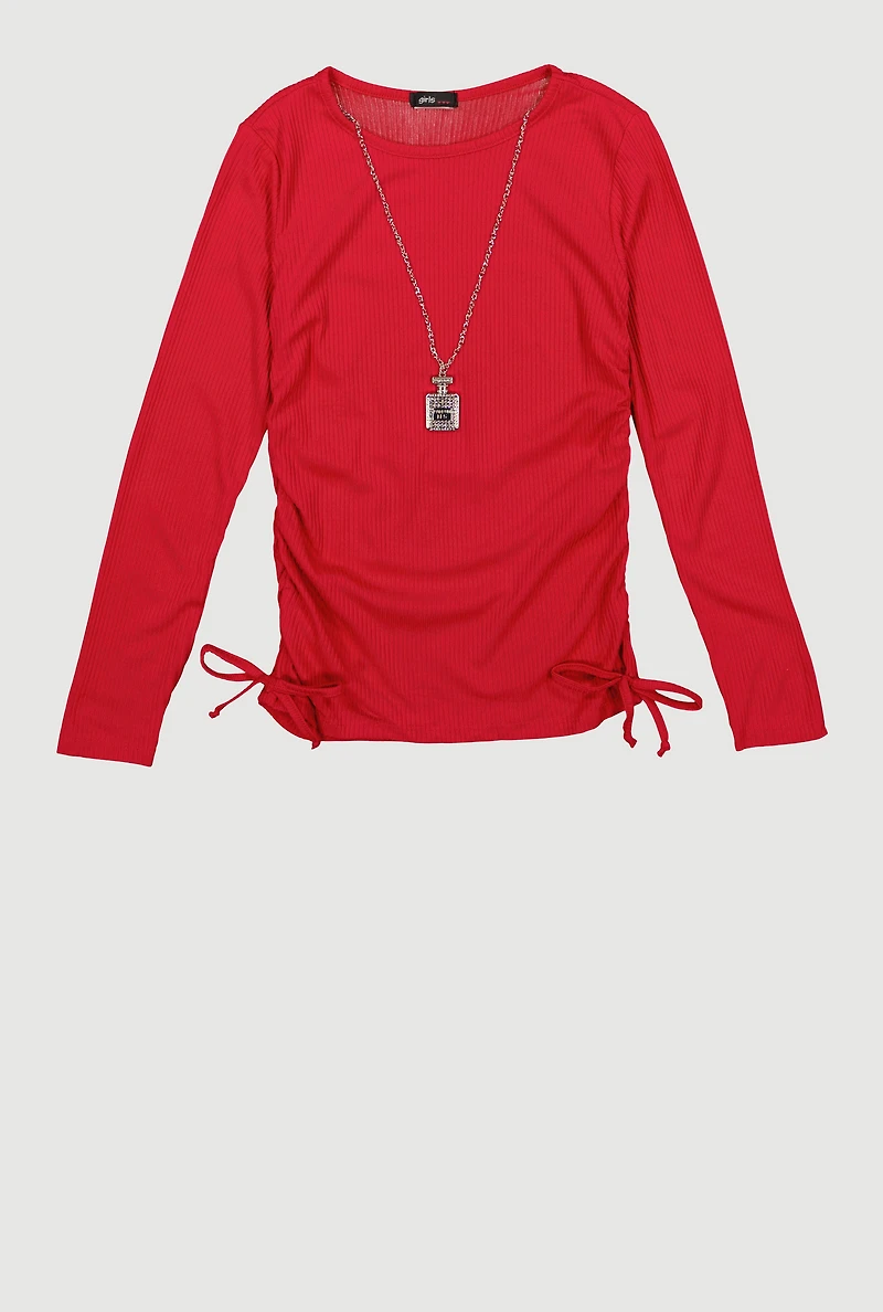 Girls Ribbed Knit Long Sleeve Top with Perfume Necklace