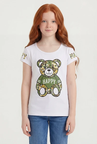 Girls Camouflage Happy Graphic Short Sleeve Tee