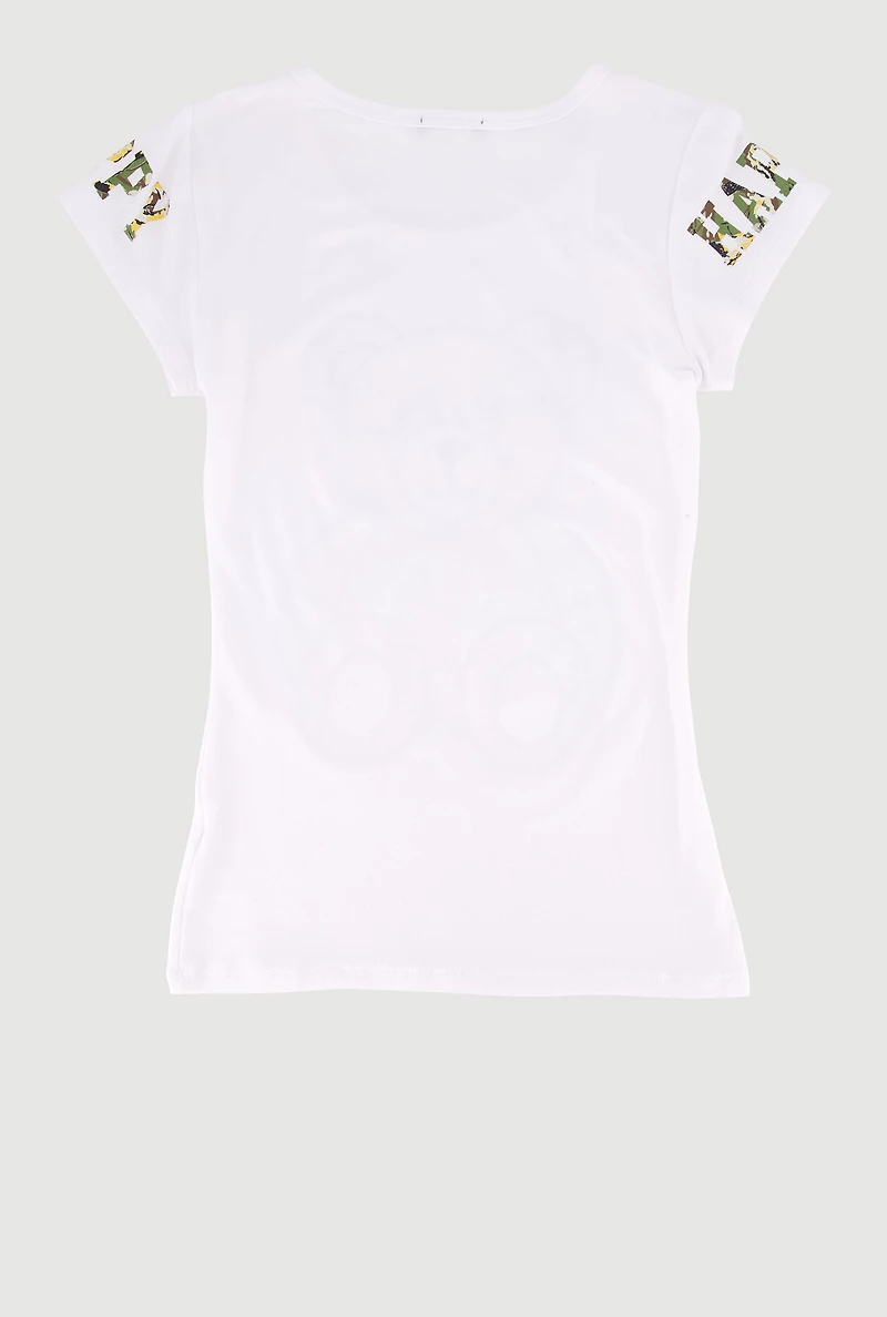 Girls Camouflage Happy Graphic Short Sleeve Tee