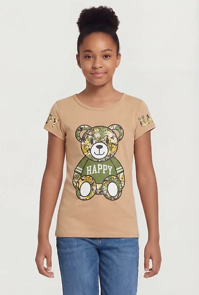 Girls Camouflage Happy Graphic Short Sleeve Tee