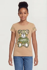 Girls Camouflage Happy Graphic Short Sleeve Tee