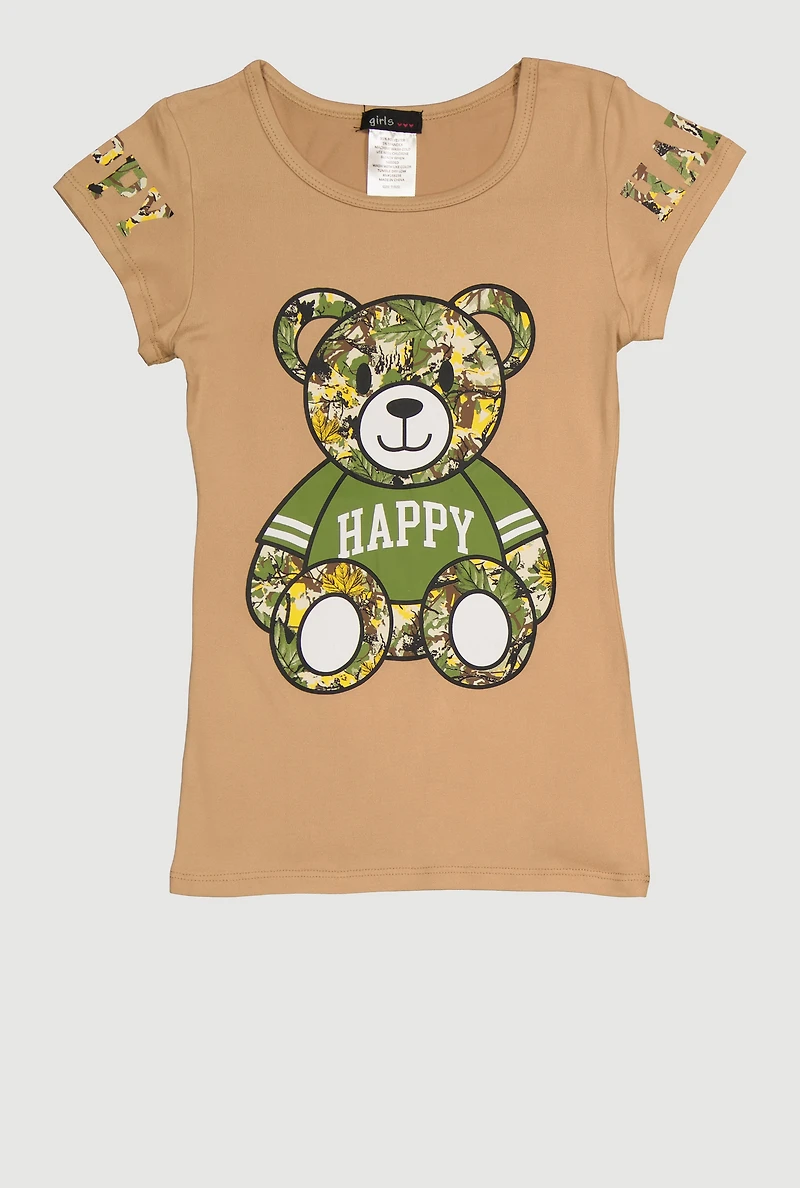Girls Camouflage Happy Graphic Short Sleeve Tee