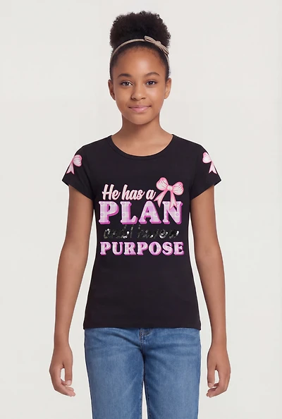 Girls He Has A Plan And I Have Purpose Sequin Graphic Tee