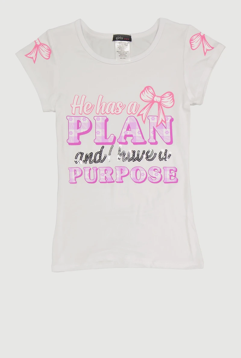 Girls He Has A Plan And I Have Purpose Sequin Graphic Tee