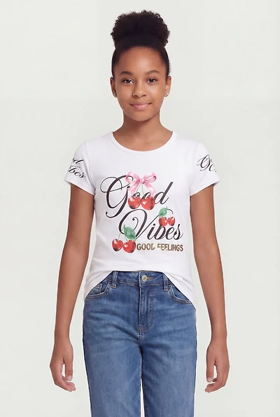 Girls Good Vibes Feelings Cherry Graphic Tee