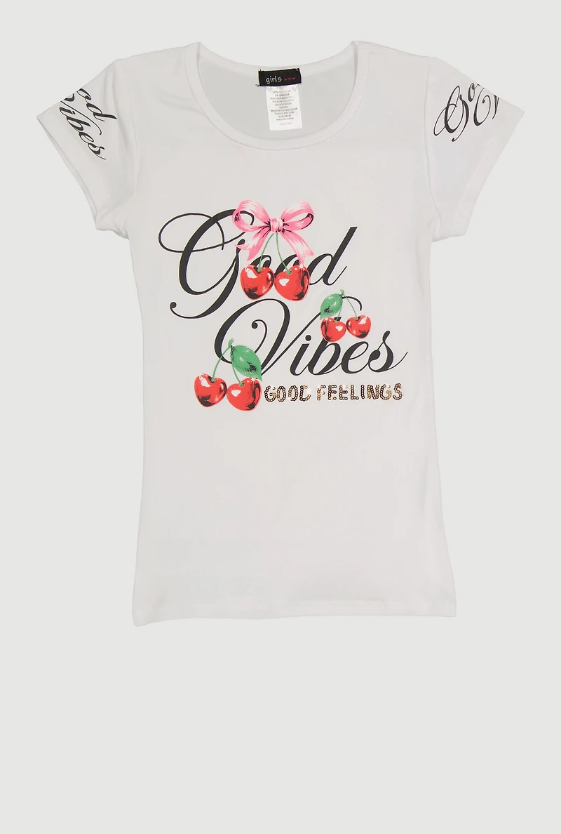 Girls Good Vibes Feelings Cherry Graphic Tee