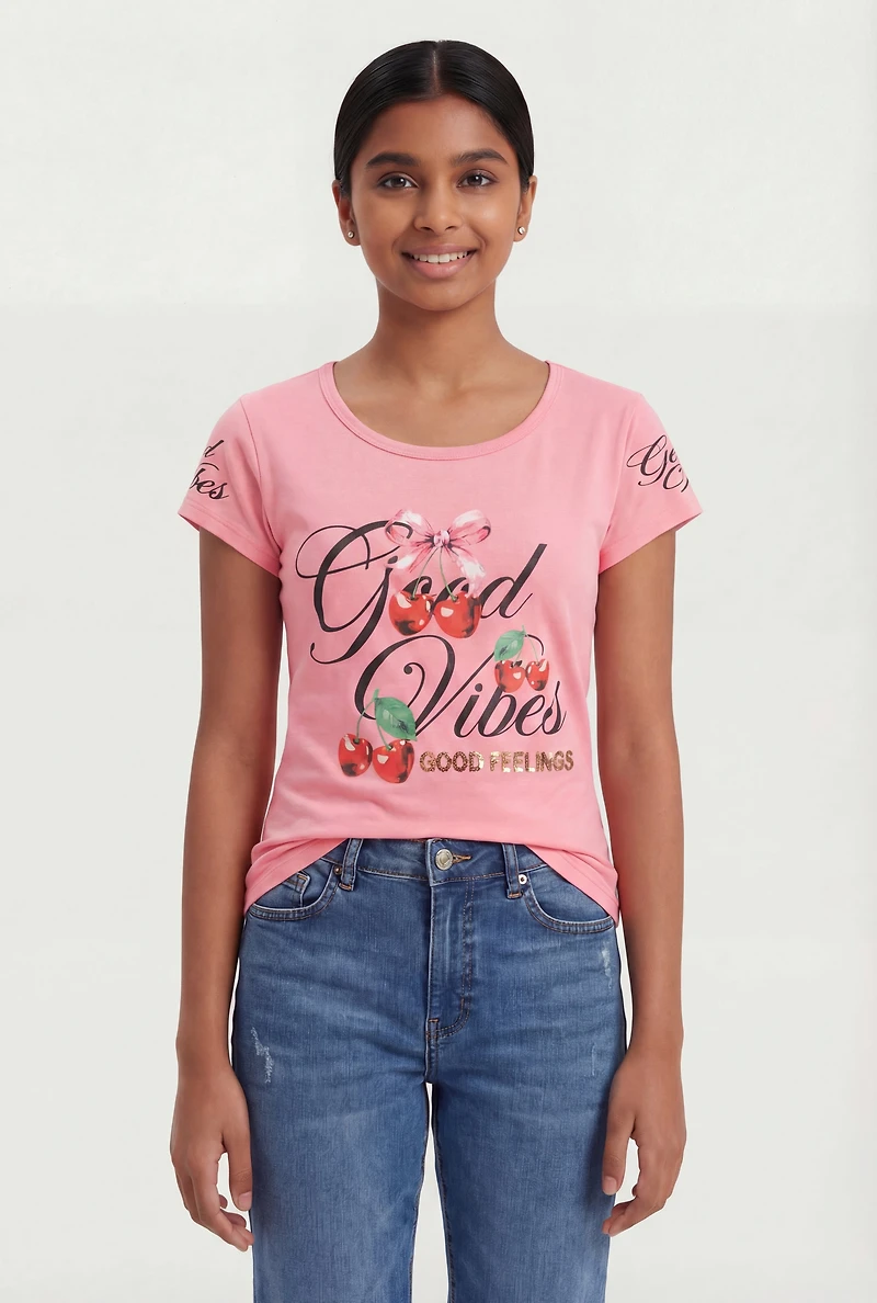Girls Good Vibes Feelings Cherry Graphic Tee