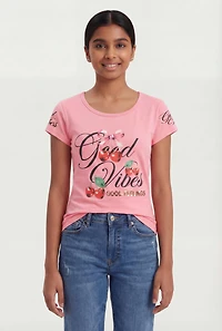 Girls Good Vibes Feelings Cherry Graphic Tee