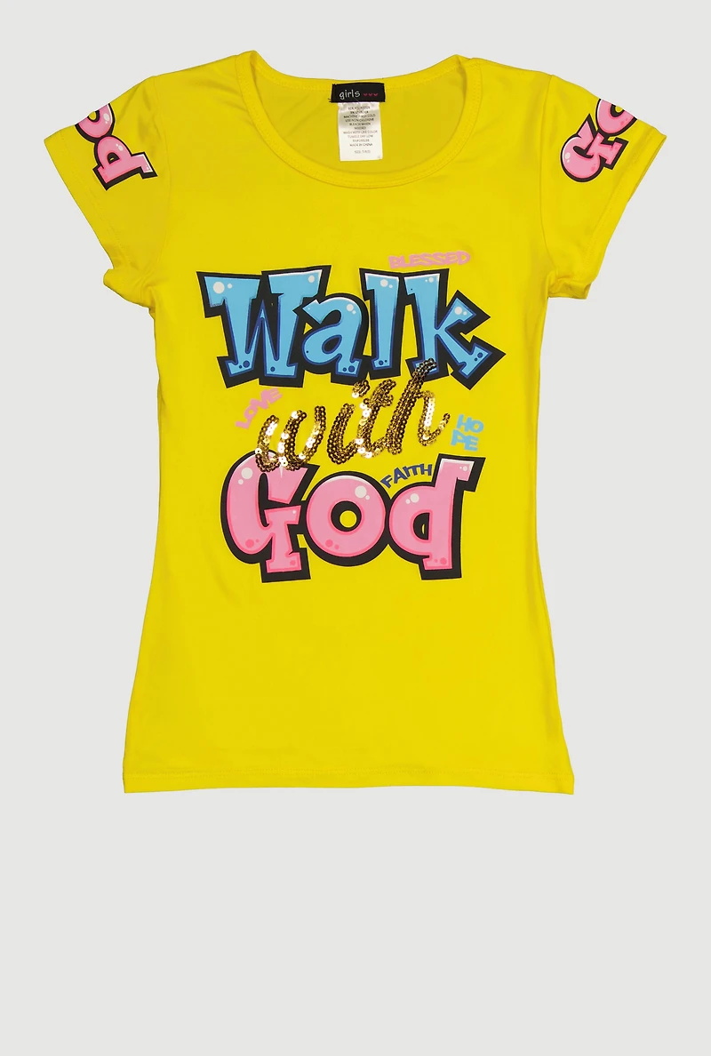 Girls Walk With God Sequin Graphic Tee