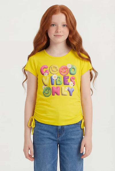 Girls Good Vibes Only Graphic Side Ruched Tee