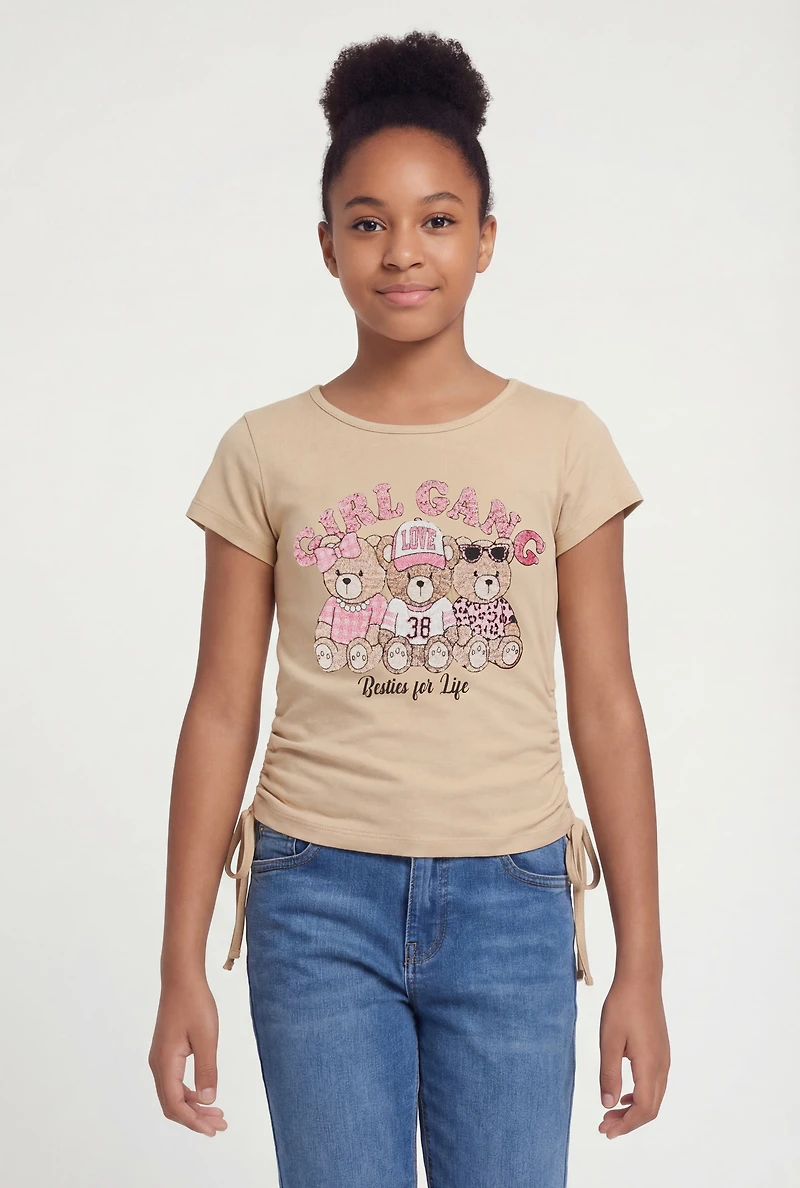 Girls Girl Gang Besties For Life Graphic Side Ruched Tee